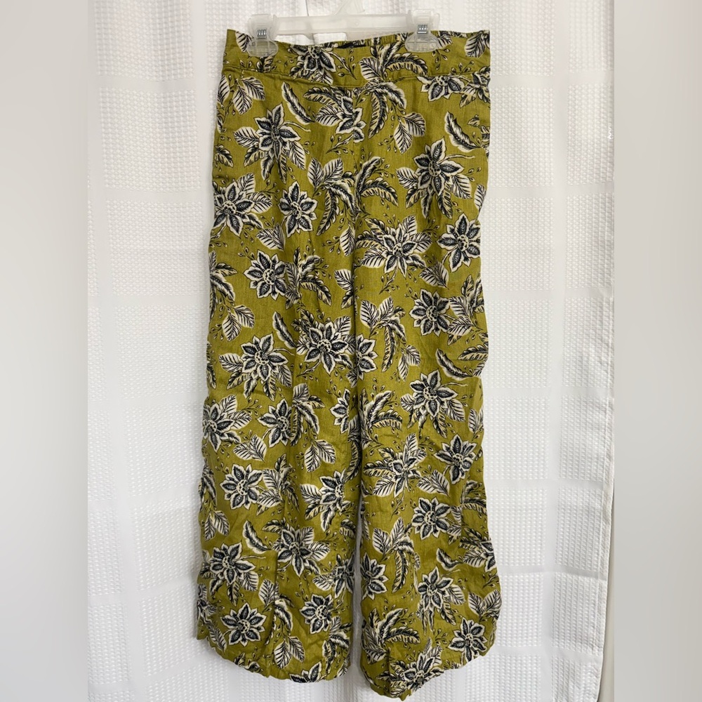 Tahari 100% Linen wide leg Pants with Leaf & floral Print Sz S casual vacation